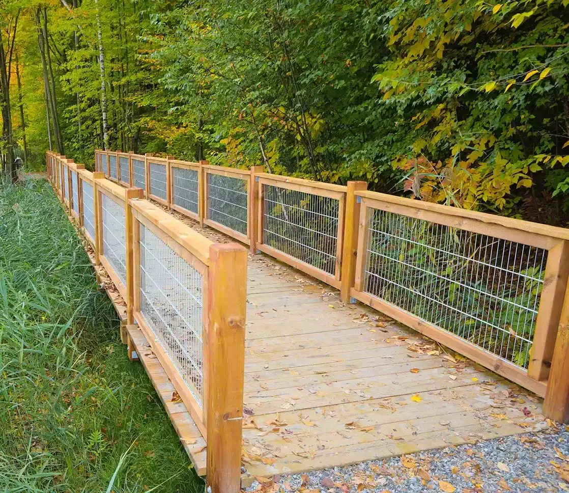 Section de passerelle en bois avec garde-corps grillagé en forêt – projet institutionnel Mascouche par Gestion BGC
