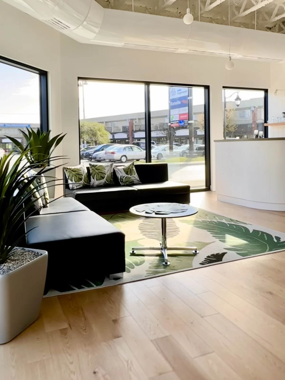 Salon d'attente lumineux avec banquettes, coussins tropicaux et tapis décoratif