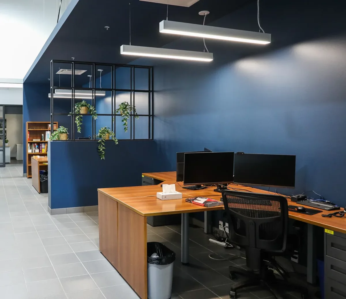 Postes de travail avec mur bleu, étagères d'acier et plantes – aménagement de bureaux commerciaux par BGC